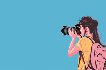 Poster - A woman capturing a moment with a camera. Suitable for photography and technology concepts
