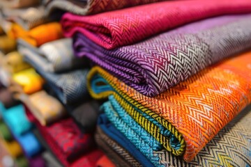 Poster - Various colored fabrics neatly stacked on a table. Ideal for textile or craft projects