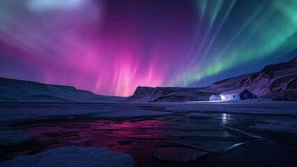 Wall Mural - Greenland Aurora Above A House by the Shore Loop Generative AI
