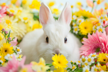 A white rabbit sitting in a flowers