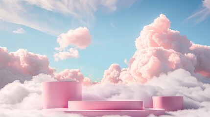 Poster - A pink platform floating in a sky filled with clouds. Suitable for various concepts and designs