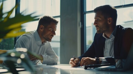 Poster - Two men collaborating on a project, suitable for business concepts