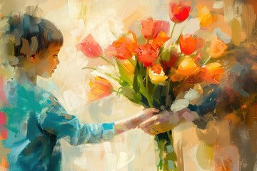 Poster - A painting of a boy holding a vase of flowers, suitable for home decor or greeting cards