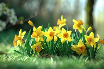 Poster - Vibrant yellow flowers contrasting against a lush green field, perfect for springtime or nature concepts