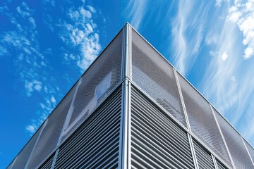 Poster - A modern tall building against a clear blue sky. Suitable for architectural and urban concepts