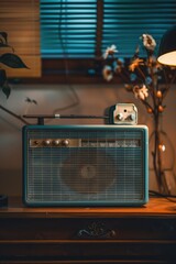 Poster - A radio sitting on a rustic wooden table, suitable for various uses