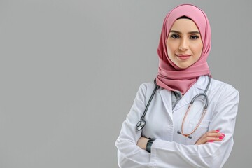 Canvas Print - A woman wearing a pink hijab and a stethoscope. Suitable for medical and diversity concepts