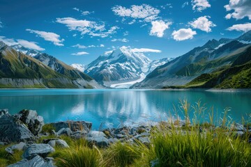 Poster - Scenic view of a large mountain lake. Suitable for travel brochures