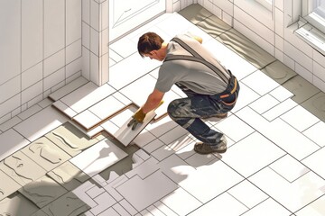 Poster - A man is seen working on a tile floor. Ideal for construction or renovation projects