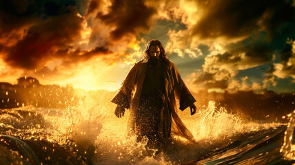 Wall Mural - Jesus Christ walking on sea surface, spectacular sunrise light