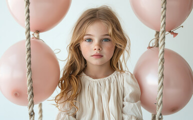 Wall Mural - Portrait of beautiful little girl with long hair and blue eyes in white dress on white background with pink balloons