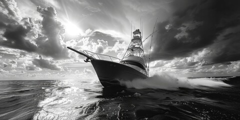 Poster - A black and white photo of a boat in the ocean. Suitable for travel brochures or maritime themed designs