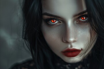 Poster - A woman with striking red eyes in a close-up shot. Perfect for Halloween or horror-themed projects