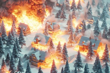 Aufkleber - A small village engulfed in flames in a snowy setting. Suitable for disaster or winter themed projects