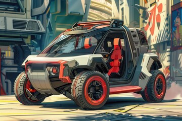 Poster - A car with red wheels parked in front of a building. Perfect for automotive and urban lifestyle concepts