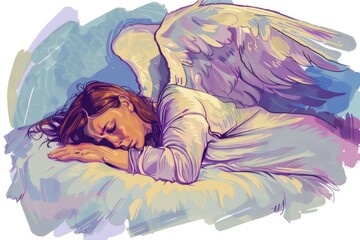 Aufkleber - An angel peacefully sleeping on a bed, ideal for religious or spiritual concepts