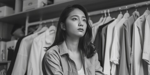 Poster - A woman standing in front of a rack of clothes. Perfect for fashion-related projects