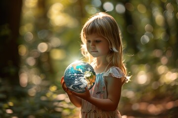 Poster - A little girl holding a small globe. Ideal for educational concepts