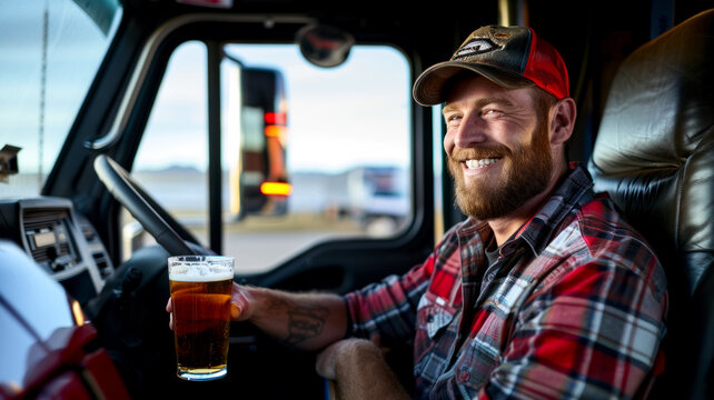 Truck driver drinking beer - driving under influence concept