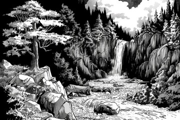 Poster - Detailed black and white drawing of a waterfall, suitable for various design projects