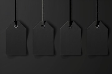 Poster - Four blank tags hanging from a string on a black background. Suitable for product labeling