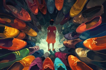 Poster - Person standing in a circle of shoes, suitable for fashion or footwear concepts