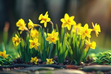 Poster - Beautiful yellow daffodils growing in a garden, perfect for spring-themed designs