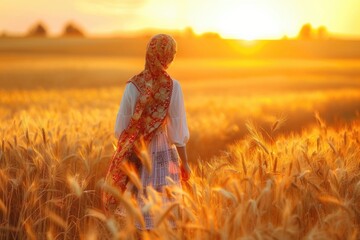 Poster - A woman standing in a wheat field at sunset. Suitable for nature or relaxation concepts