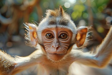 Poster - Cute baby monkey raising its hands, suitable for various projects