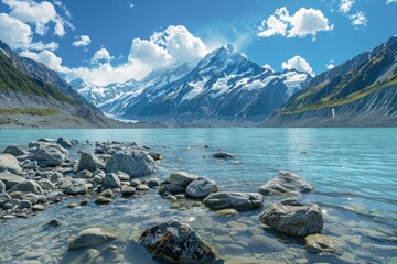 Poster - Scenic view of a lake with rocks in front of a majestic mountain range. Suitable for travel and nature concepts