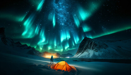 Wall Mural - A breathtaking winter night scene featuring the Northern Lights (Aurora Borealis) above a snowy landscape. A lone figure stands outside