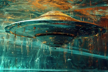 Aufkleber - A mysterious alien spaceship floating in calm water, perfect for sci-fi concepts
