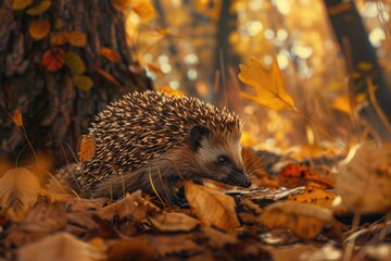 Wall Mural - Cute hedgehog exploring the forest floor. Perfect for nature-themed designs