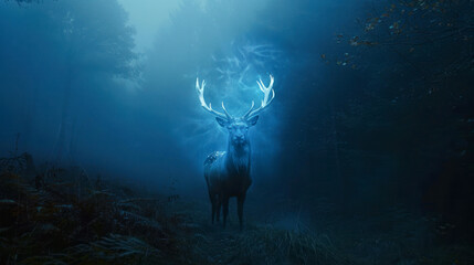 Sticker - Glowing magical stag in dark forest