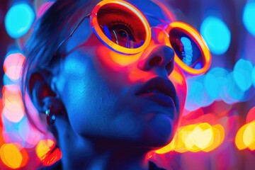Aufkleber - A woman wearing neon glasses standing in front of colorful lights. Great for fashion or nightlife themes