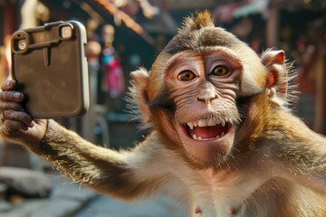Poster - A monkey holding up a cell phone to take a picture. Great for technology or wildlife concepts