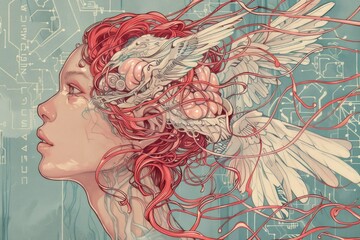 Aufkleber - Illustration of a woman with a bird perched on her head, suitable for various design projects