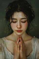 Poster - A woman in a white dress praying, suitable for religious and spiritual themes