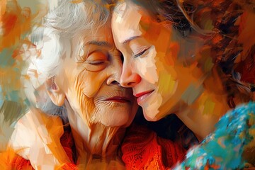 Poster - A beautiful painting of two women showing love and connection. Perfect for illustrating friendship or diversity