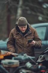 Poster - A man standing next to a parked motorcycle, looking at his cell phone. Suitable for technology or transportation concepts