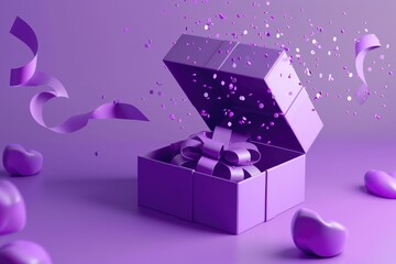 Poster - A festive purple gift box with a ribbon and confetti. Perfect for celebrations and special occasions