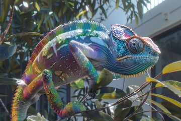 Canvas Print - A vibrant chameleon perched on a tree branch. Perfect for nature and wildlife concepts