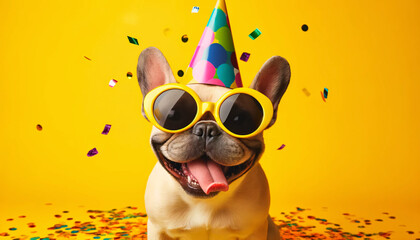 Wall Mural - A playful and fun portrait of a French Bulldog wearing a colorful party hat and yellow sunglasses