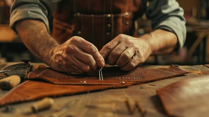 Poster - Close-up of person working on leather, suitable for craft and DIY projects