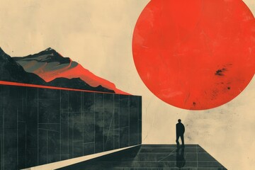 Poster - A man standing in front of a large red sun. Suitable for nature and outdoor themes