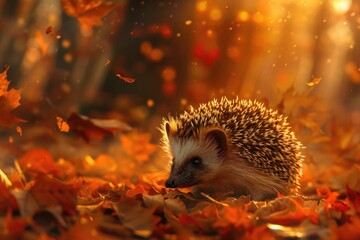 Poster - A hedge sitting in a pile of leaves. Suitable for autumn themes
