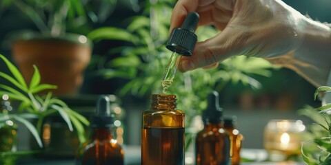 Poster - A person pouring a dropper into a bottle of essential oils. Ideal for health and wellness concepts