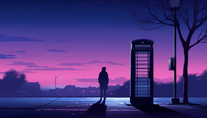 Wall Mural - A man stands in front of a telephone booth in a city at dusk