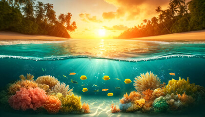 Wall Mural - A serene underwater scene with a split view above and below the water. The underwater portion features vibrant coral reefs and several tropical fish