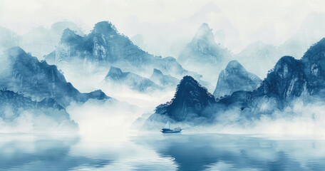 Wall Mural - Chinese style landscape painting, distant mountains and water with white clouds floating in the sky, misty blue tones, small fishing boats on the sea